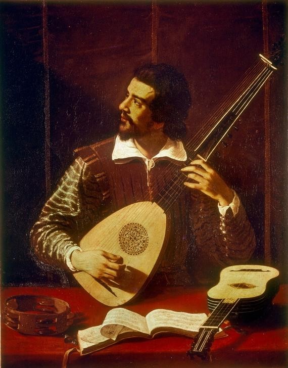 Caravaggio, Suonatore di tiorba (Laute, Tambourin, Gitarre, Notenblätter, Musiker, Lautenspieler, Eleganz, Instrument,  Saiteninstrument, Barock, hell-dunkel, Klassiker, Malerei, Wunschgröße, Wohnzimmer)