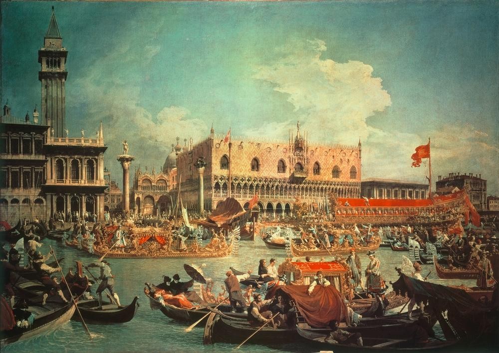 Giovanni Antonio Canaletto, Die Rückkehr des Bucentaurs (Städte, Venedig, Vedute, Fest, Architektur, Campanile, Lagune, Gondeln, Dogenpalast, Goldene Barke, Staatsschiff, Bucentoro, Doge, Barock, Klassiker, Wunschgröße, Wohnzimmer)