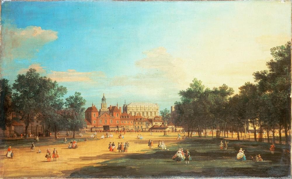 Giovanni Antonio Canaletto, Horse Guards Parade (Garten, Park, Menschen, galant, Gesellschaft, Spaziergang, Pferde, Parade, Barock, Vedute, Klassiker, Wunschgröße, Wohnzimmer)