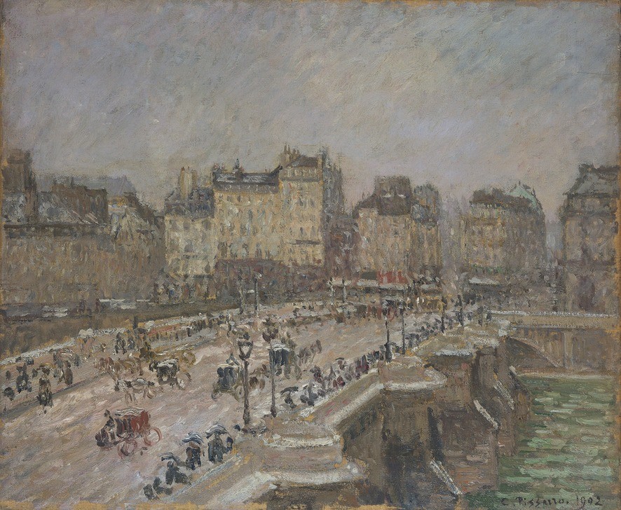 Camille Pissarro, Pont Neuf, snow effect, 2nd series (Brücke,Geographie,Jahreszeiten,Kunst,Pferd (Tier),Transport,Wagen,Wetter,Winter,Impressionismus,Schnee,Fluss,Tag,Fussgänger,Ansicht,Tier,Farbe)
