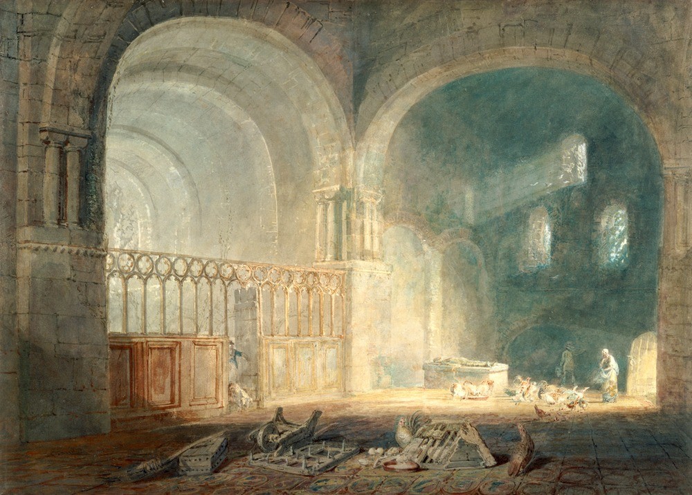 JOSEPH MALLORD WILLIAM TURNER, Transept of Ewenny Priory, Glamorganshire 1797 (Astronomie,Architektur,Christentum,Huhn,Kirche,Religion,Vogel,Sonne,Wissenschaft,Benediktiner,Tag,Papier,Tageslicht,Vieh,Farbe)