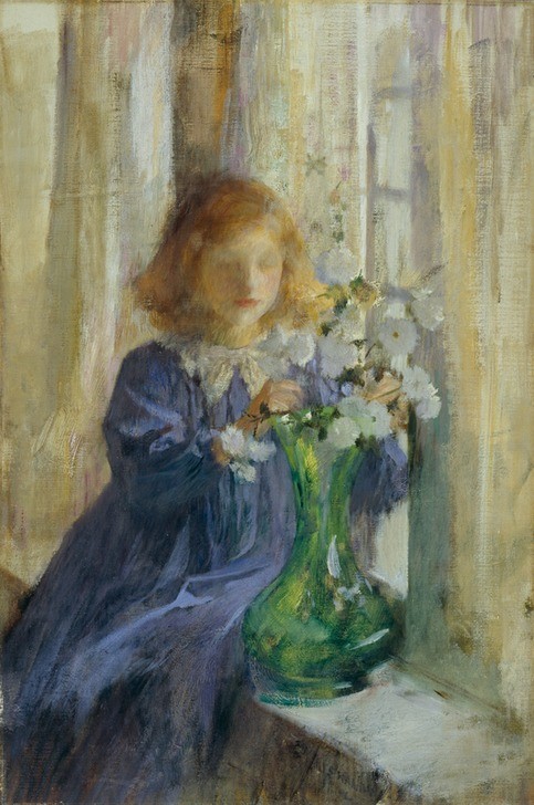 James Jebusa Shannon, Die grüne Vase (Fenster,Frau,Kindermode,Kind,Kunst,Mädchen,Portrait,Vase,Tag,Amerikanische Kunst,Kleid,Us-Amerikanische Kunst,Müssiggang,Blume,Grün,Kniestück,Farbe)