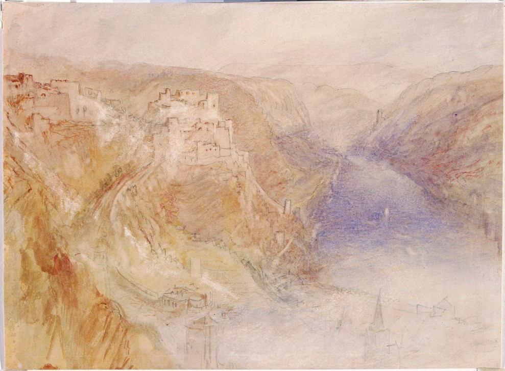 JOSEPH MALLORD WILLIAM TURNER, Ehrenbreitstein (Fort,Geographie,Fluss,Tag,Papier,Ansicht,Klippe,Gebäude,Farbe)