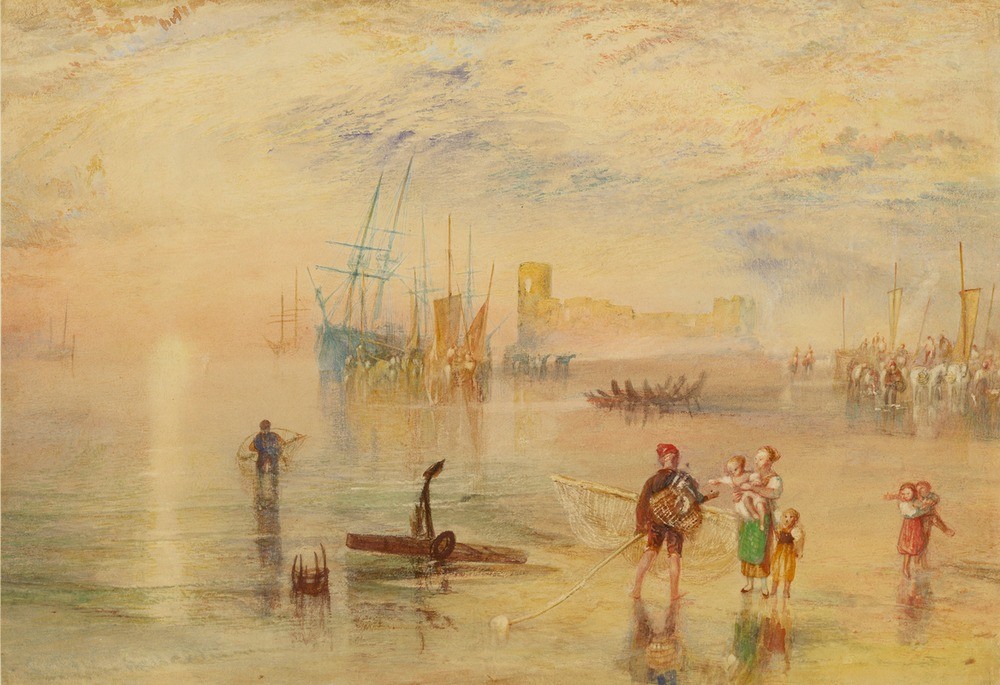 JOSEPH MALLORD WILLIAM TURNER, Flint Castle, North Wales (Boot,Fischerei,Frau,Geographie,Kind,Schloss,Strand,Transport,Meer,Segelboot,Tag,Papier,Dame,Gebäude,Farbe)