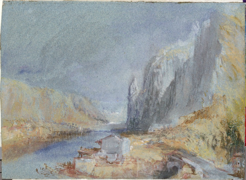 JOSEPH MALLORD WILLIAM TURNER, Dinant 1839 (Geographie,Haus,Fluss,Perspektive,Tag,Papier,Ansicht,Klippe,Gebäude,Farbe)