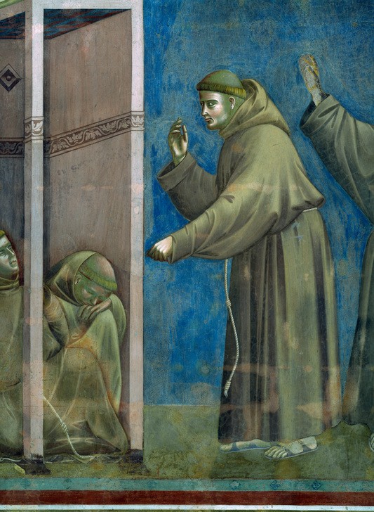 Giotto di Bondone, Die Vision der Brüder (Franziskaner, Mönche, Heilige,  Vision, Wunder, Detail, Heiligenlegende, Christentum, Religion, Klassiker, Gotik, Malerei, Wunschgröße,  Wohnzimmer, bunt)