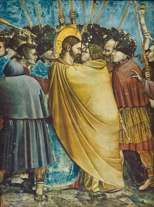 Giotto di Bondone, Die Gefangennahme Christi (Christentum,Religion,Gotik,Neues Testament,Bibel,Italienische Kunst,Christi Gefangennahme,Judaskuss,Verrat,Denunziation,Passion Christi)
