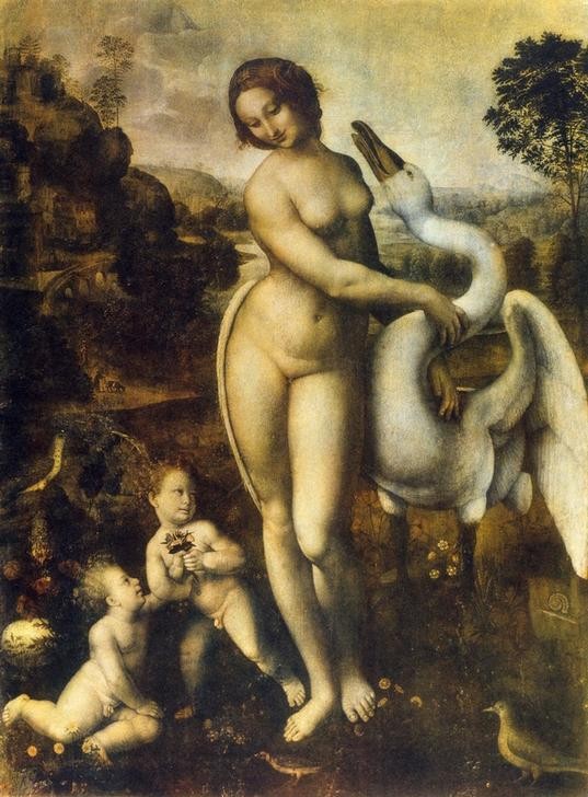 Leonardo da Vinci, Leda mit dem Schwan (Mythologie, Schwan, Zeus, Götter, Metamorphose, Erotik, Ei, Kinder, Landschaft, Renaissance, Klassiker, Malerei  Wunschgröße, Wohnzimmer, Treppenhaus)