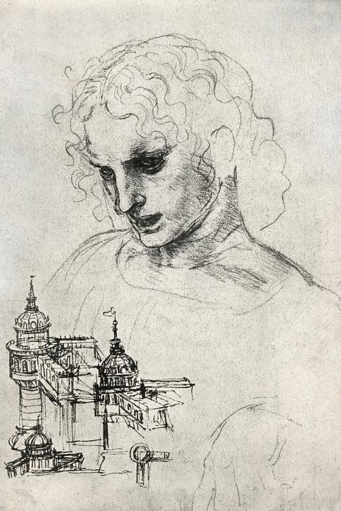 Leonardo da Vinci, Kopf des Apostels Jakobus d. Ä. und Architekturstudien (Architektur, Studien, Bastion, mauerwerk, Turm, Portait, Gesicht, Christentum, Jünger, Religion, Neues Testament, Bibel, Apostel, Klassiker, Zeichnung, Wohnzimmer, Treppenhaus, Wunschgröße)