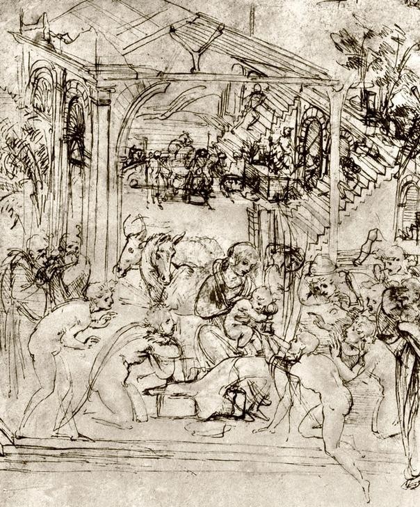 Leonardo da Vinci, Die Anbetung der Könige (Christentum,Kunst,Religion,Renaissance,Neues Testament,Bibel,Anbetung Der Könige,Heilige Drei Könige (Neues Testament),Stall,Studie,Italienische Kunst,Jesusknabe,Anbetung (Allgemein),Hochrenaissance)