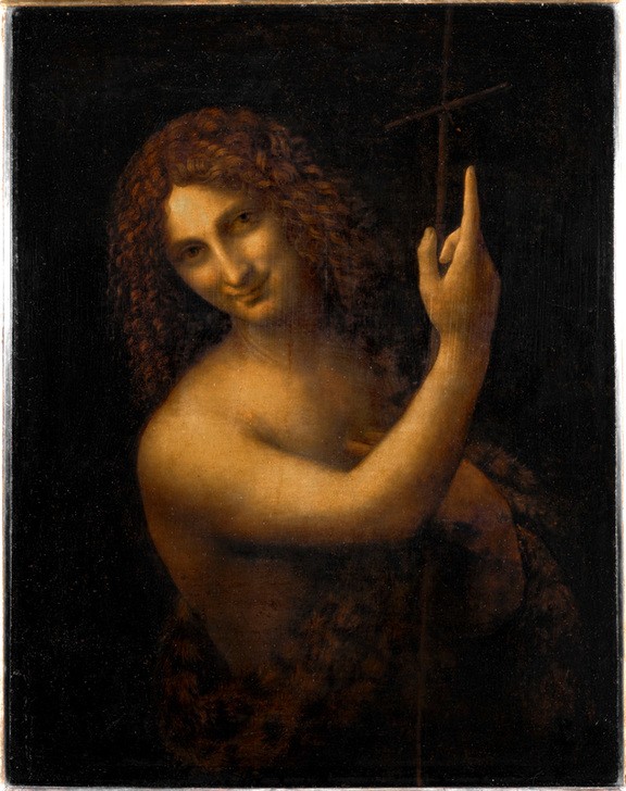 Leonardo da Vinci, Johannes der Täufer (Christentum,Heilige,Kunst,Mann,Religion,Schönheit,Renaissance,Neues Testament,Bibel,Hand,Portrait,Gestik,Helldunkel,Italienische Kunst,Androgyn,Lächeln,Zeigefinger,Sfumato,Zeigen)