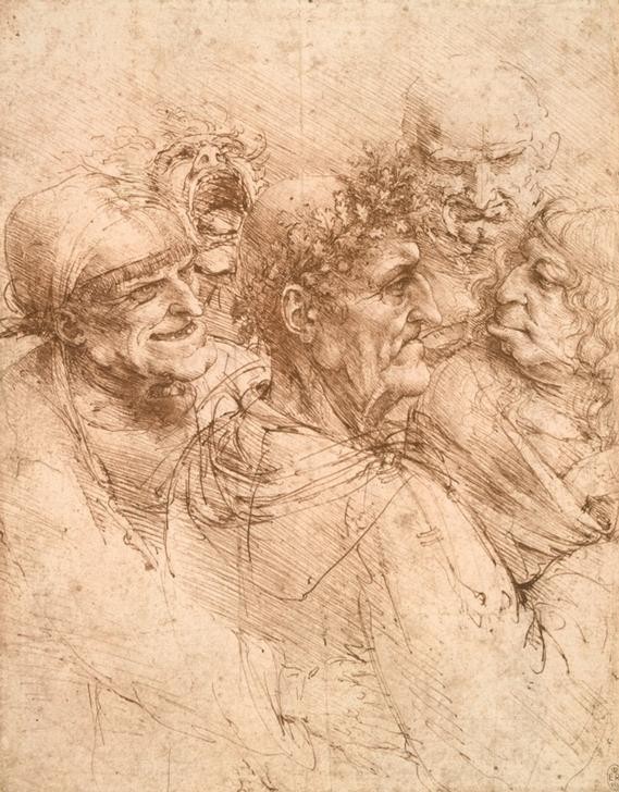 Leonardo da Vinci, Fünf groteske Köpfe (Gruppenbild, Karikaturen, Männer, Portraits, Studien,  Physiognomie, Psychologie, Klassiker, Zeichnung, Arztpraxis, Wohnzimmer, Wunschgröße)