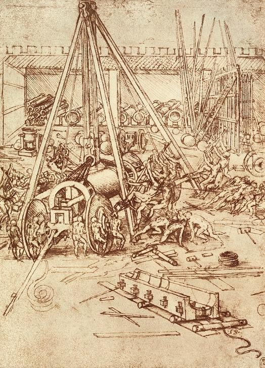 Leonardo da Vinci, Geschützgießerei (Arsenal, Giesserei, Kanone, Krieg, Rüstungsindustrie, Waffe, Werkstatt, Technik, Erfindung, Maschinen,   Klassiker, Zeichnung, Treppenhaus, Wohnzimmer, Wunschgröße)