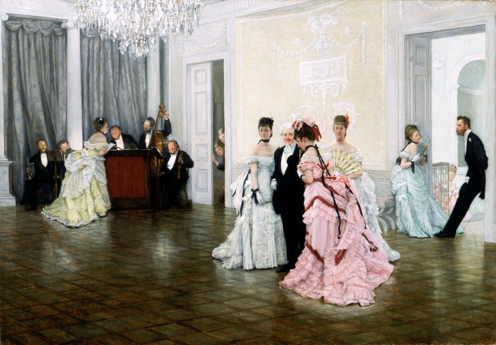 James Tissot (Jacques-Joseph), Too Early 1873 (Frau,Kind,Mann,Musiker,Musik,Tanz,Tür,Abendkleid,Leuchter,Kleid,Dame,Beleuchtung,Gast,Spähen,Band,Türrahmen,Farbe)