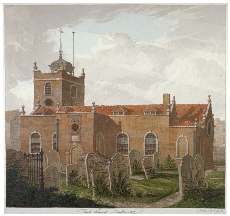 Francis Danby,  Church of St Paul, Shadwell, London, 1810 (Architektur,Christentum,Kirche,Religion,Tod,Grabstein,Kirchhof,Gebäude,Farbe)