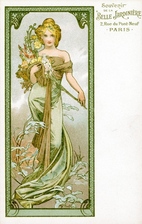 Alfons Maria Mucha, Spring 1896 (Frau,Kunst,Portrait,Blumenstrauss,Kleid,Tragen,Dame,Natur,Blume,Grün,Betrieb,Frisur,Farbe)