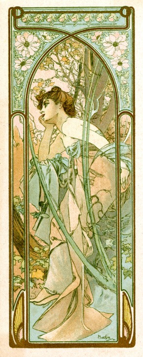 Alfons Maria Mucha, Reverie of Evening 1899 (Frau,Kunst,Abend,Portrait,Zeit,Kleid,Dame,Frisur,Farbe)