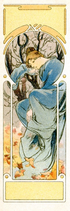 Alfons Maria Mucha, Winter 1900 (Frau,Jahreszeiten,Kunst,Winter,Portrait,Baum,Kleid,Dame,Blau,Natur,Betrieb,Frisur,Farbe)