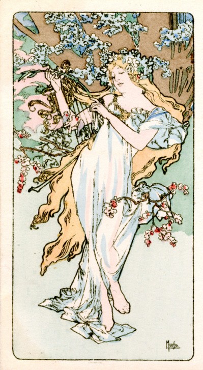 Alfons Maria Mucha, Spring 1900 (Frau,Harfe,Kunst,Musik,Spiel,Portrait,Baum,Kleid,Dame,Natur,Betrieb,Frisur,Farbe)