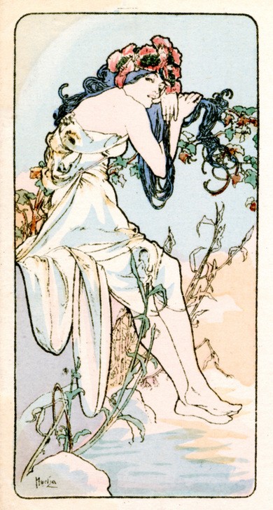 Alfons Maria Mucha, Summer 1900 (Frau,Jahreszeiten,Kunst,Sommer,Portrait,Kleid,Dame,Farbe)
