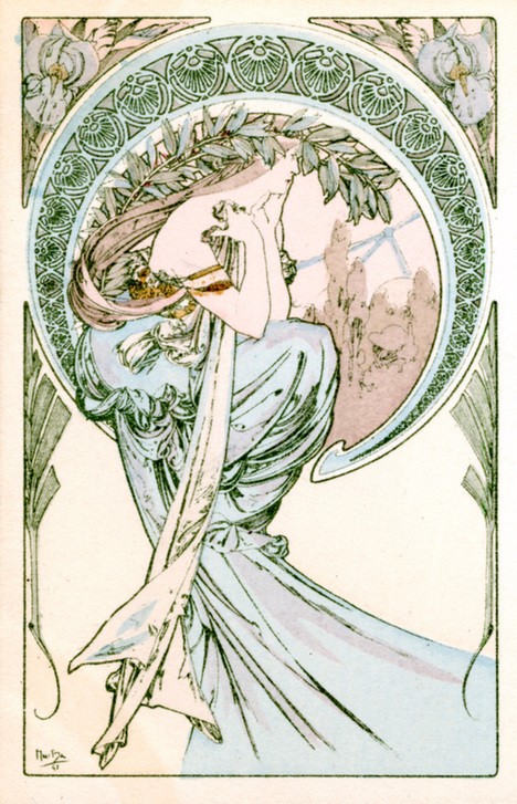 Alfons Maria Mucha, Poetry 1900 (Frau,Kunst,Literatur,Portrait,Poesie,Kleid,Dame,Blau,Farbe)