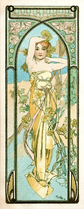 Alfons Maria Mucha, Awakening of Morning 1899 (Frau,Kunst,Mädchen,Morgen,Zeit,Kleid,Dame,Dämmerung,Gelb,Farbe)