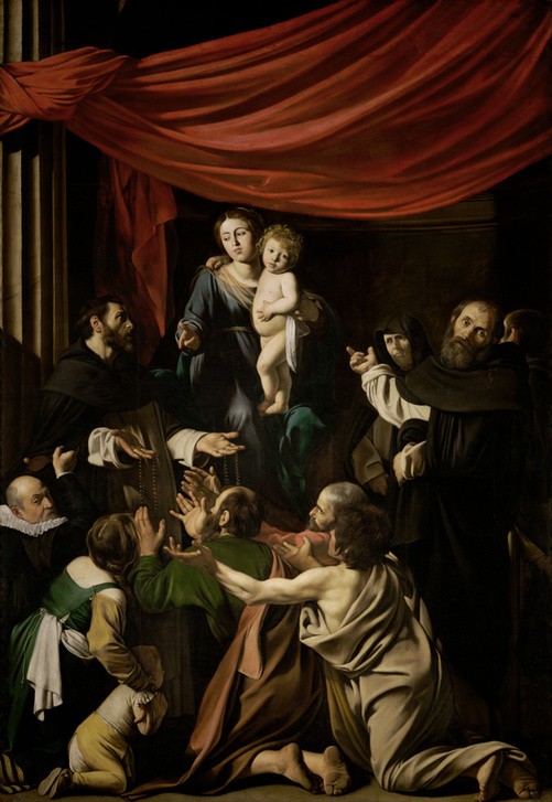 Caravaggio, Die Rosenkranzmadonna (Dominikaner,  Religion,  Maria, Jesus, Knabe,  Kind, Bibel, Anbetung, Neues Testament, Bibel, Hell-Dunkel, Barock, Klassiker, Malerei, Wunschgröße, Wohnzimmer)