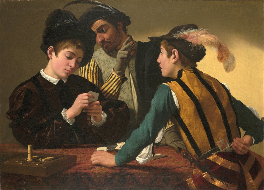 Caravaggio, Die Falschspieler (Betrug, Bertrüger, Männer,  Gesellschaft, Spiel, Hut, Kartenspiel, Falschspieler,  Hell-Dunkel, Barock, Klassiker, Malerei, Wunschgröße, Wohnzimmer)