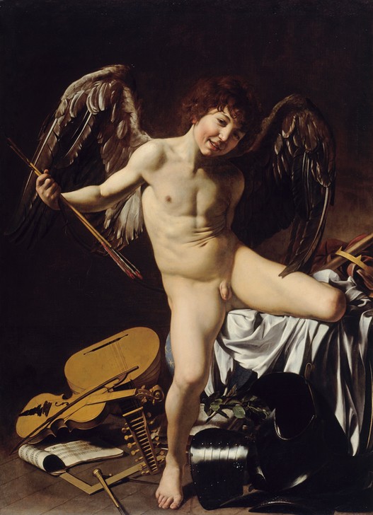 Caravaggio, Amor als Sieger (Amor, Gott, Liebe, Mythologie, Liebespfeile, Musikinstrumente, Aktmalerei, Knabe,  Erotik, Flügel, Laute, Mythologie,  Knickhalslaute, Knabe, Personifizierung,  Hell-Dunkel, Barock, Klassiker, Malerei, Wunschgröße, Wohnzimmer)