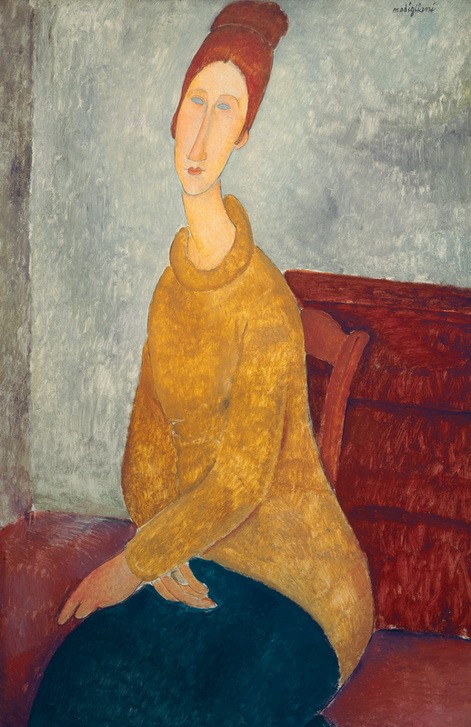 Amedeo Modigliani, Jeanne Hebuterne mit gelbem Sweater (Damenmode,Frau,Mode,Volkskunde,Portrait,Künstlerfrau,Italienische Kunst,Rote Haare,Pullover,Haarknoten,Jungverstorbene,Ecole De Paris,Hochfrisur,Gelb,Land Und Leute,Frisur,Jumper,Sweater)