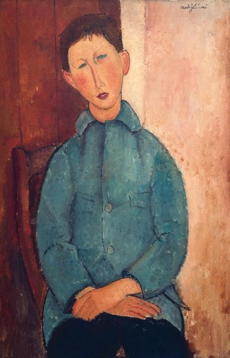 Amedeo Modigliani, Junge in blauer Jacke (Bauer (Landwirt),Dorfkind,Kindermode,Mode,Portrait,Italienische Kunst,Knabe,Blau,Jacke,Ecole De Paris)