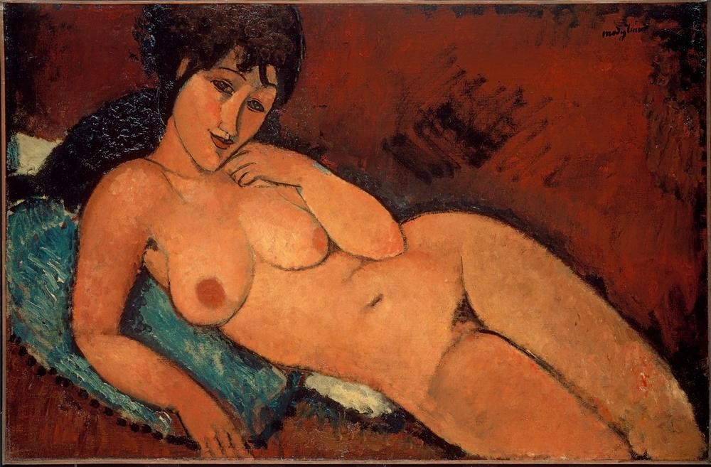 Amedeo Modigliani, Akt auf blauem Kissen (Erotik,Frau,Akt,Kissen,Italienische Kunst,Lächeln,Blau,Schwarze Haare,Liegen,Ecole De Paris)