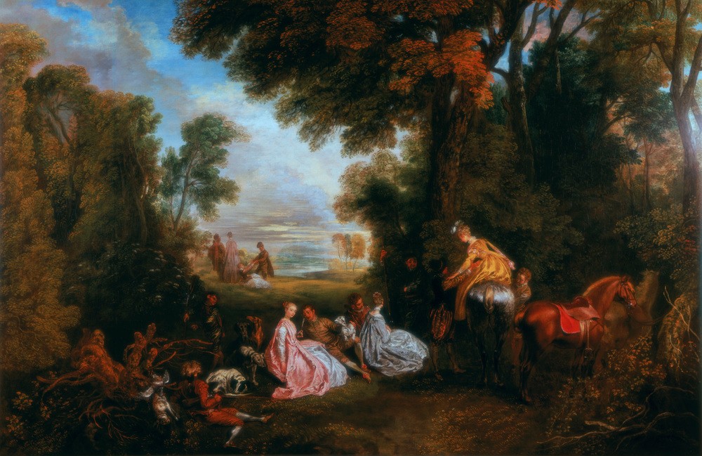 Jean-Antoine Watteau, The Halt During the Chase (Frau,Herbst,Jagd,Jahreszeiten,Kunst,Mann,Pferd (Tier),Freizeit,Baum,Freund,Dame,Erholung,Profil,Tier,Natur,Entspannung,Abbinden,Betrieb,Horizontale,Farbe)