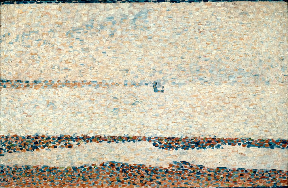 Georges Seurat, Beach at Gravelines 1890 (Boot,Geographie,Küste,Kunst,Marine,Strand,Transport,Wasser,Meer,Impressionismus,Sand,Ufer,Blau,Natur,Horizont,Horizontale,Schindel,Farbe)