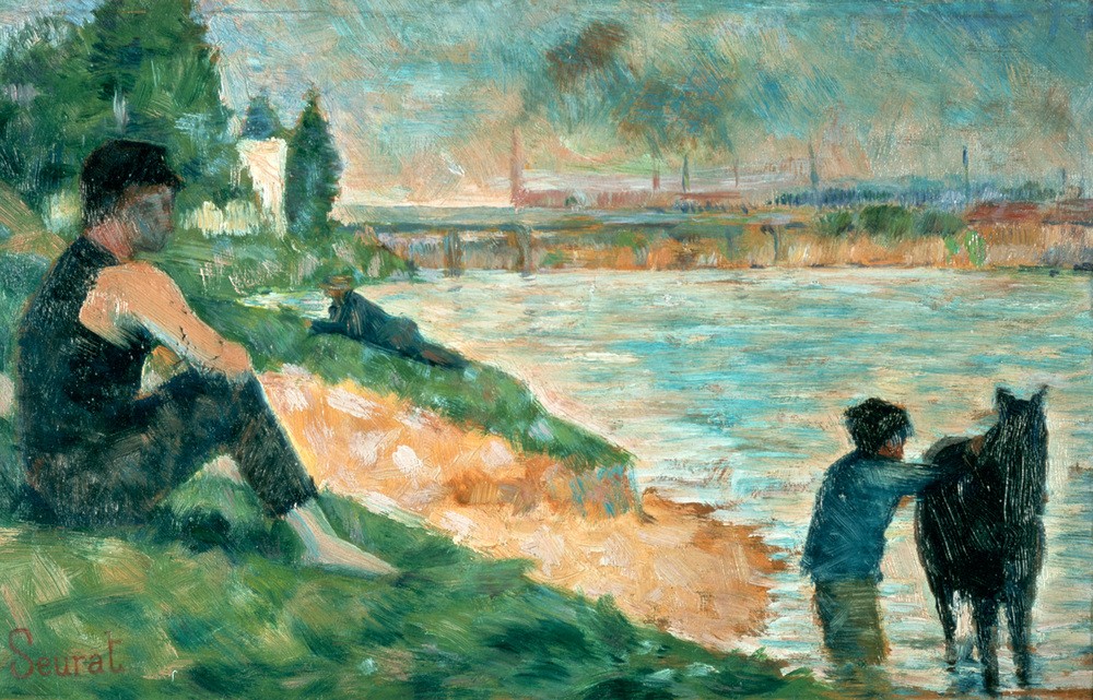 Georges Seurat, Study for 'Une Baignade', 1883 (Geographie,Küste,Kunst,Landschaft,Mann,Pferd (Tier),Wasser,Ziffer,Tageszeiten,Impressionismus,Fluss,Schaufel,Beobachten,Tag,Müssiggang,Ufer,Leben,Drei,Ansicht,Erholung,Profil,Tier,Natur,Ablenkung,Zuschauer,Entspannung,Person,Waten,Horizontale,Reinigung,Da)