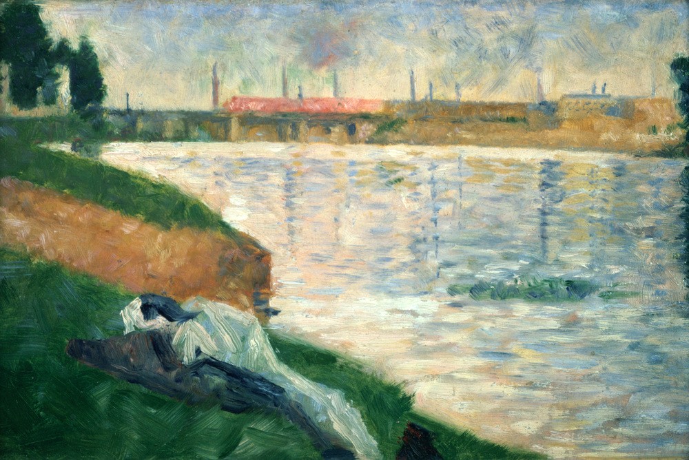 Georges Seurat, Vetements sur l'herbe (Brücke,Geographie,Kunst,Landschaft,Wasser,Nachmittag,Morgen,Impressionismus,Fluss,Gras,Geheimnis,Zeit,Kleid,Ansicht,Blau,Natur,Gebäude,Horizontale,Farbe)