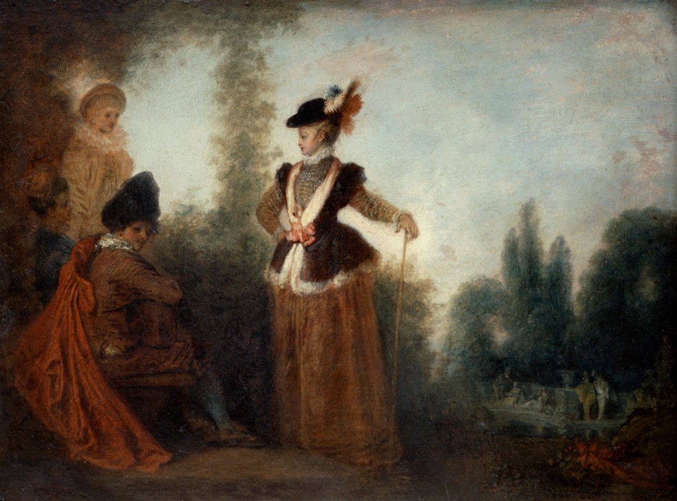 Jean-Antoine Watteau, The Adventuress (Feuer,Frau,Park,Hut,Portrait,Diskussion,Kleid,Dame,Abenteuer,Besprechung,Farbe)