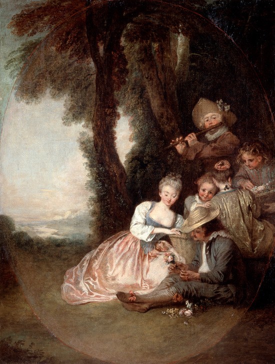 Jean-Antoine Watteau, Champetre Concert (Familie,Geschwister,Kind,Konzert,Musiker,Musik,Tageszeiten,Portrait,Mutter,Freund,Knabe,Leben,Ablenkung,Bemuttern,Entspannung,Bericht,Zuhörer,Stämme,Person,Flöte,Fröhlichkeit,Junger Mann,Farbe)