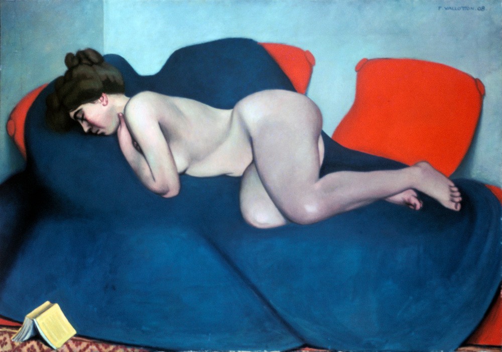 Felix Vallotton, The Sleeper 1908 (Buch,Frau,Kunst,Literatur,Impressionismus,Akt,Portrait,Kissen,Nacktheit,Dame,Körper,Couch,Farbe)