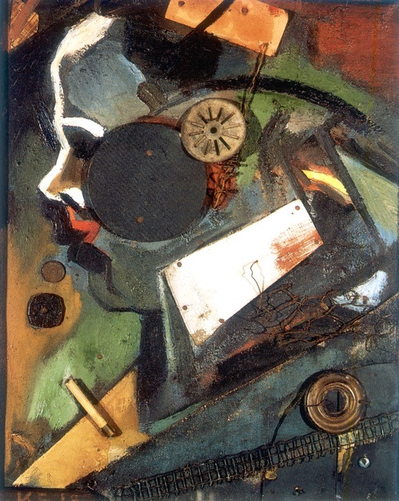 Kurt Schwitters, Merzbild 1A (The doctor) (Arzt, Zahnrad, Münze, Gesicht, Profil, Mann, Klassische Moderne, Malerei, Abstrakt, Collage, Merzbild,    geometrische Formen,  Dadaismus, Wohnzimmer, Treppenhaus, Wunschgröße,  bunt)
