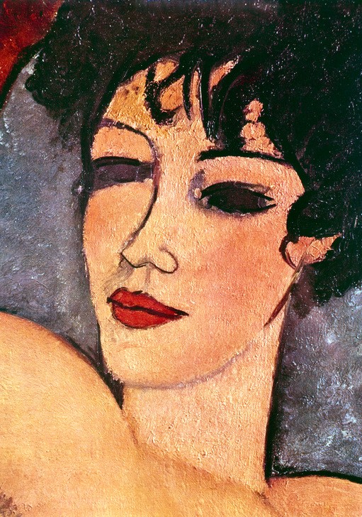 Amedeo Modigliani, Detail of a sleeping nude, 1917 (Frau,Kunst,Akt,Portrait,Kissen,Nacktheit,Gesicht,Lippen,Dame,Körper,Farbe)