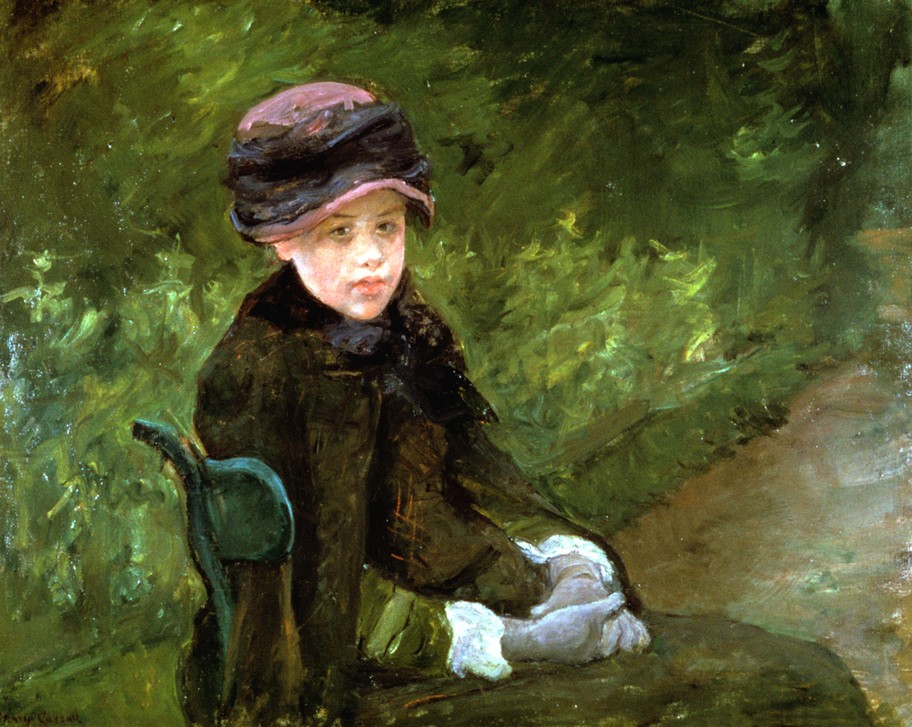 Mary Cassatt, Young Lady in the Park 1880 (Frau,Handschuh,Kunst,Mädchen,Mantel,Park,Hut,Portrait,Kleid,Grün,Farbe)