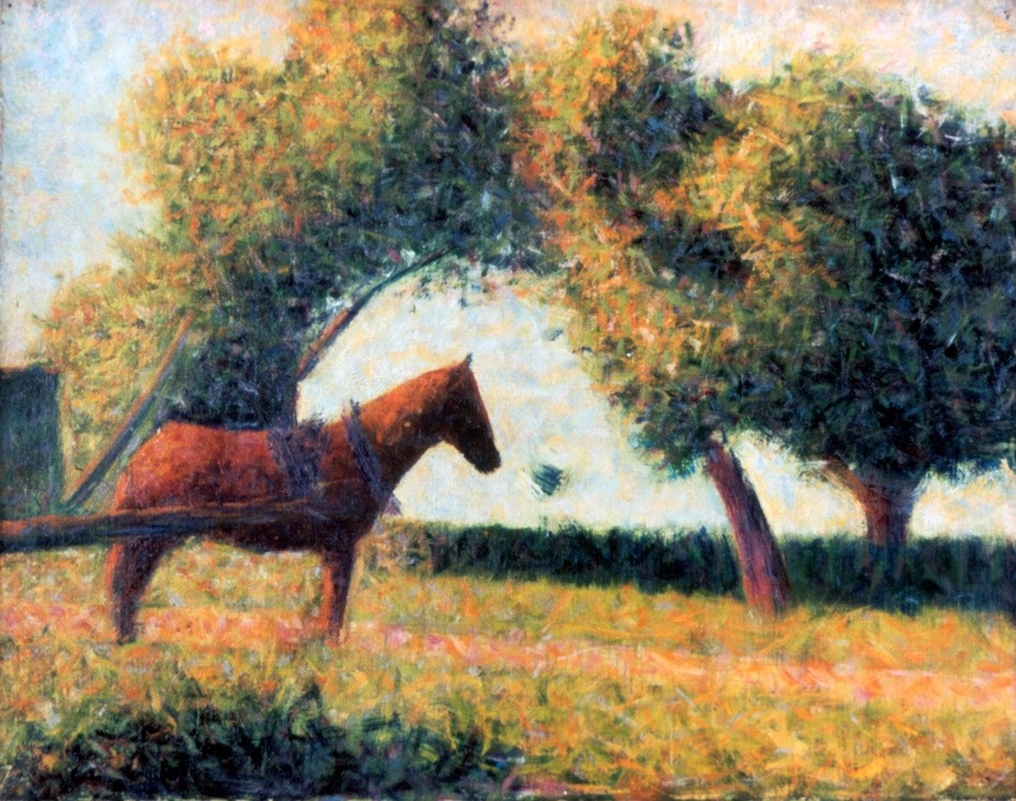 Georges Seurat, The Harnessed Horse 1883 (Kunst,Landschaft,Pferd (Tier),Impressionismus,Baum,Tier,Natur,Betrieb,Farbe)