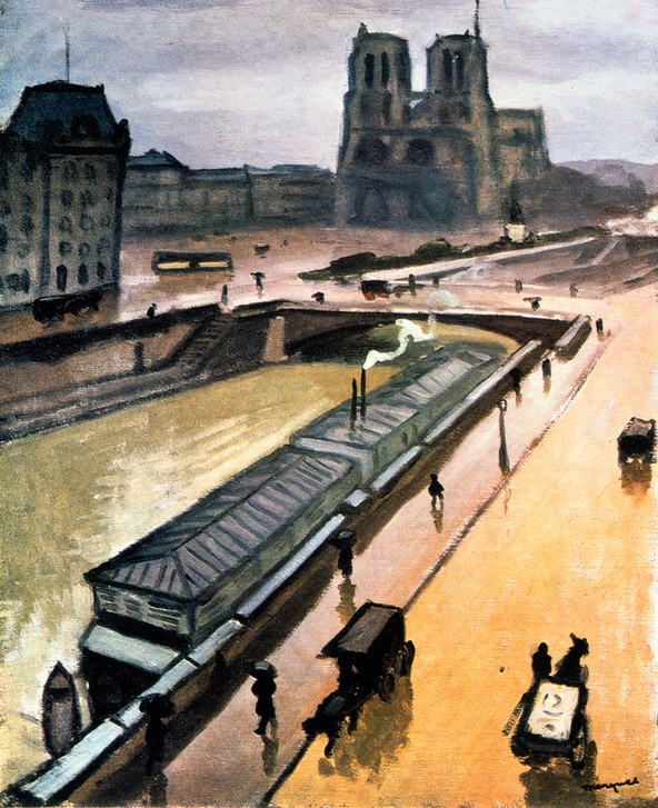 Albert Marquet, Rainy Day. Notre Dame de Paris  1910 (Allee,Architektur,Boot,Christentum,Geographie,Religion,Stadt,Transport,Wagen,Wetter,Fluss,Lastkahn,Weg,Tag,Träger,Panorama,Kathedrale,Farbe)