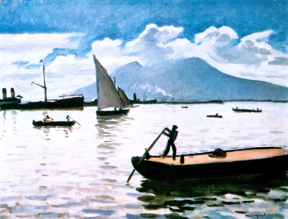 Albert Marquet, The Bay of Naples 1909 (Arbeit,Boot,Geographie,Mann,Transport,Wasser,Wetter,Wolke,Segelboot,Lastkahn,Tag,Bucht,Berg,Farbe)