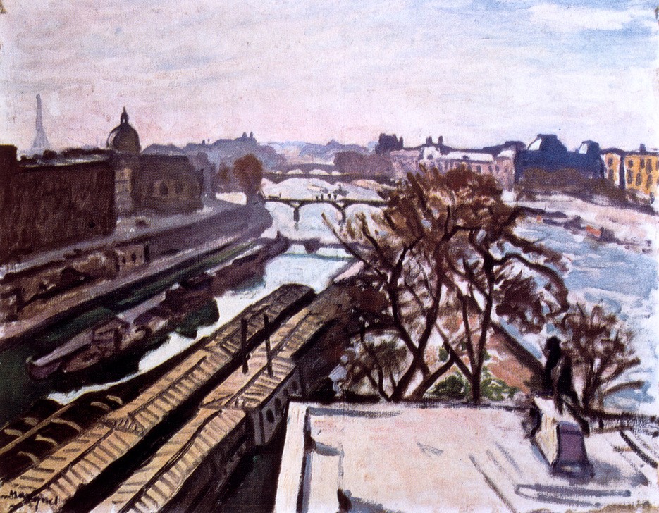 Albert Marquet, View of the Seine and the Monument to Henry IV 1906 (Brücke,Geographie,Jahreszeiten,Transport,Winter,Fluss,Baum,Panorama,Natur,Gebäude,Betrieb,Farbe)