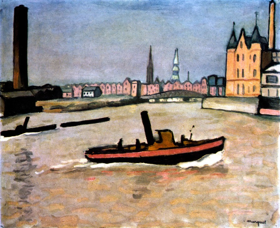 Albert Marquet, The Port of Hamburg 1909 (Boot,Brücke,Geographie,Stadt,Tor,Transport,Wetter,Fluss,Panorama,Skyline,Kamin,Farbe)