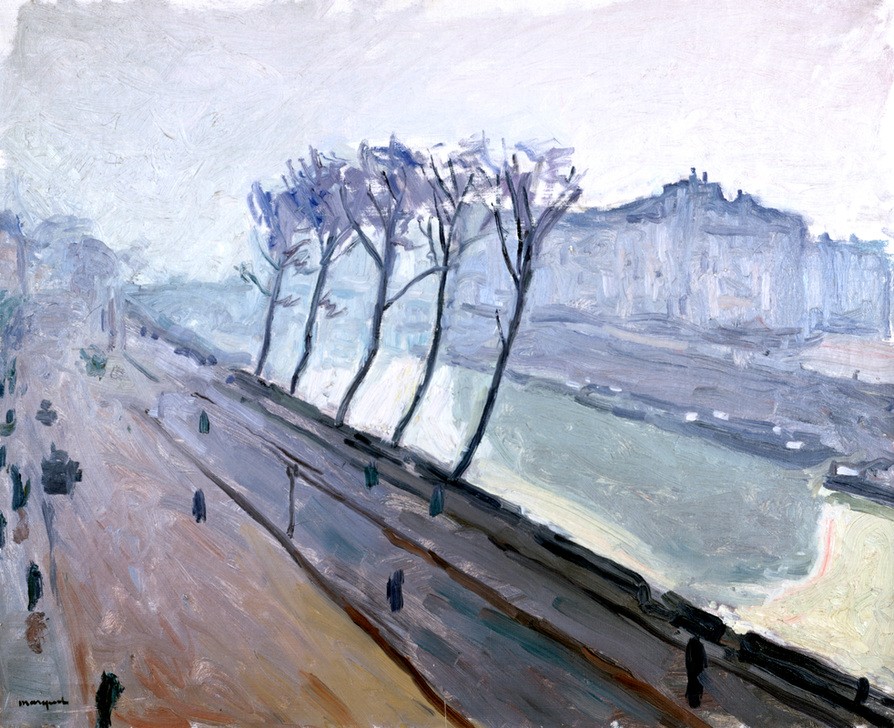 Albert Marquet, The Seine at Paris (Allee,Geographie,Herbst,Jahreszeiten,Stadt,Transport,Fluss,Baum,Weg,Tag,Träger,Panorama,Natur,Betrieb,Farbe)