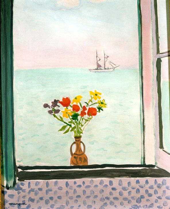 Albert Marquet, Fenetre a la Goulette 1926 (Fenster,Geographie,Jahreszeiten,Sommer,Transport,Meer,Vase,Jacht,Natur,Horizont,Farbe)