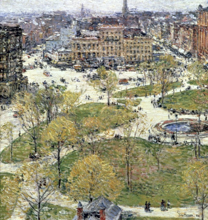 Frederick Childe Hassam, Union Square in Spring 1896 (Jahreszeiten,Kunst,Park,Stadt,Brunnen,Impressionismus,Frühling,Gras,Tag,Panorama,Ansicht,Quadrat,Farbe)